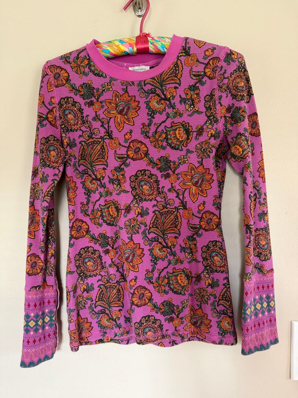 Sundance bright pink floral colorful pink waffle knit thermal small velvet trim